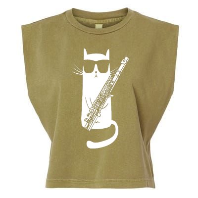 Funny Cat Wearing Sunglasses Playing Flute Musician Garment-Dyed Women's Muscle Tee