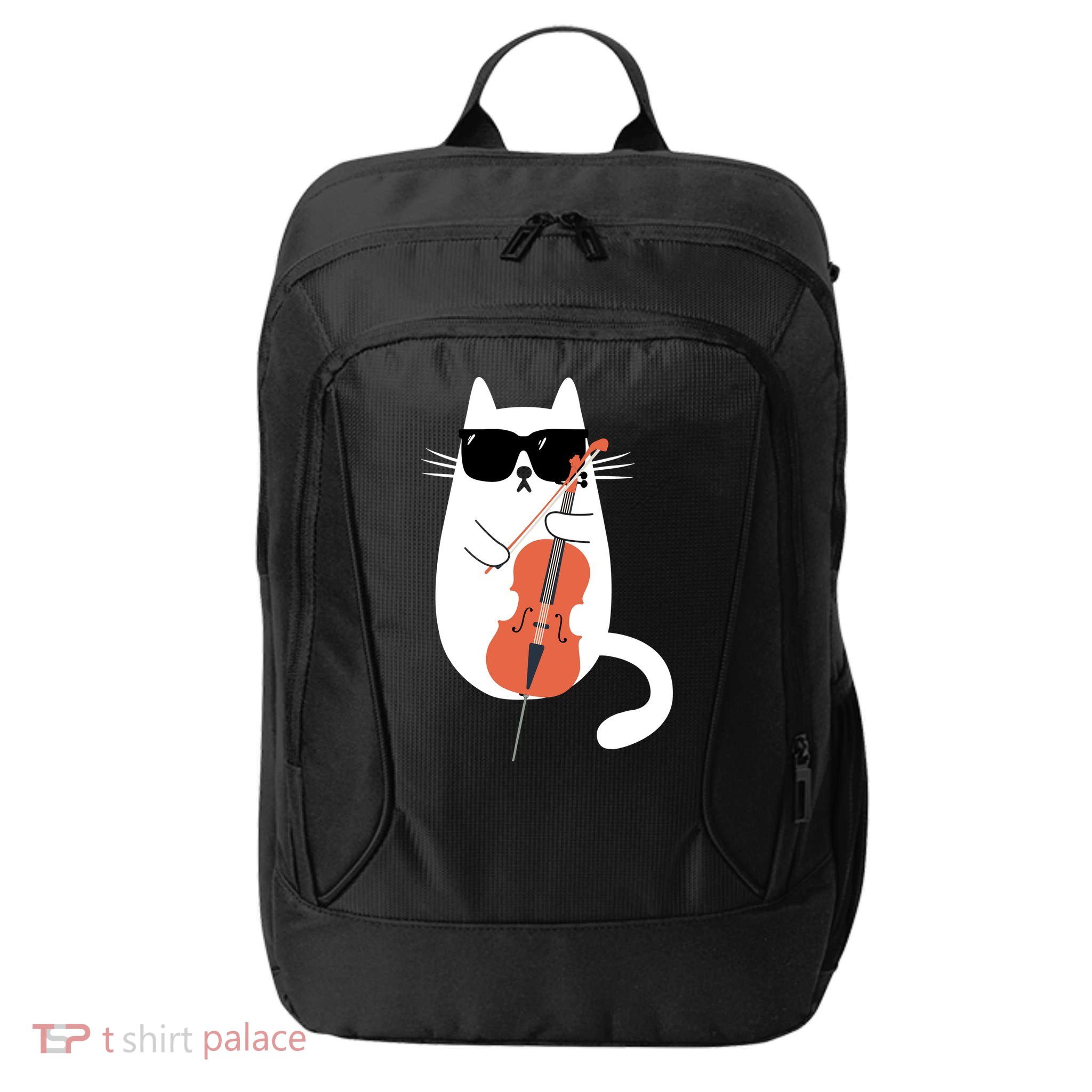 Funny Cat Wearing Sunglasses Playing Cello Cellist Musician City Backpack
