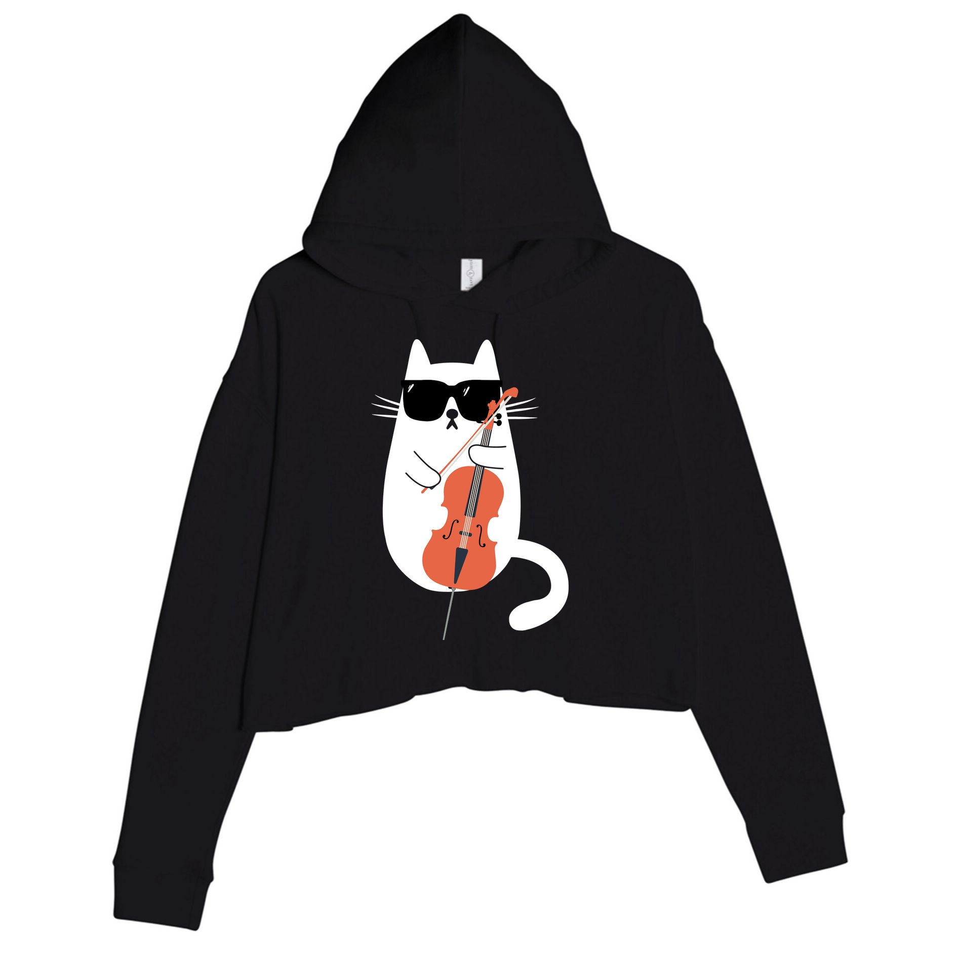 Funny Cat Wearing Sunglasses Playing Cello Cellist Musician Crop Fleece Hoodie