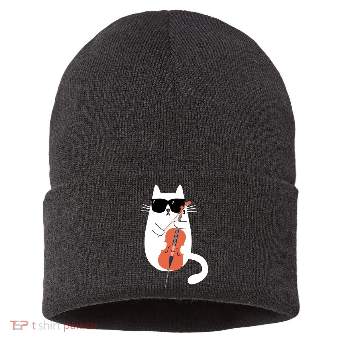 Funny Cat Wearing Sunglasses Playing Cello Cellist Musician Sustainable Knit Beanie
