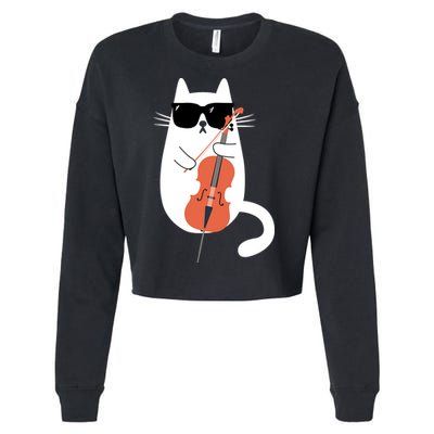 Funny Cat Wearing Sunglasses Playing Cello Cellist Musician Cropped Pullover Crew