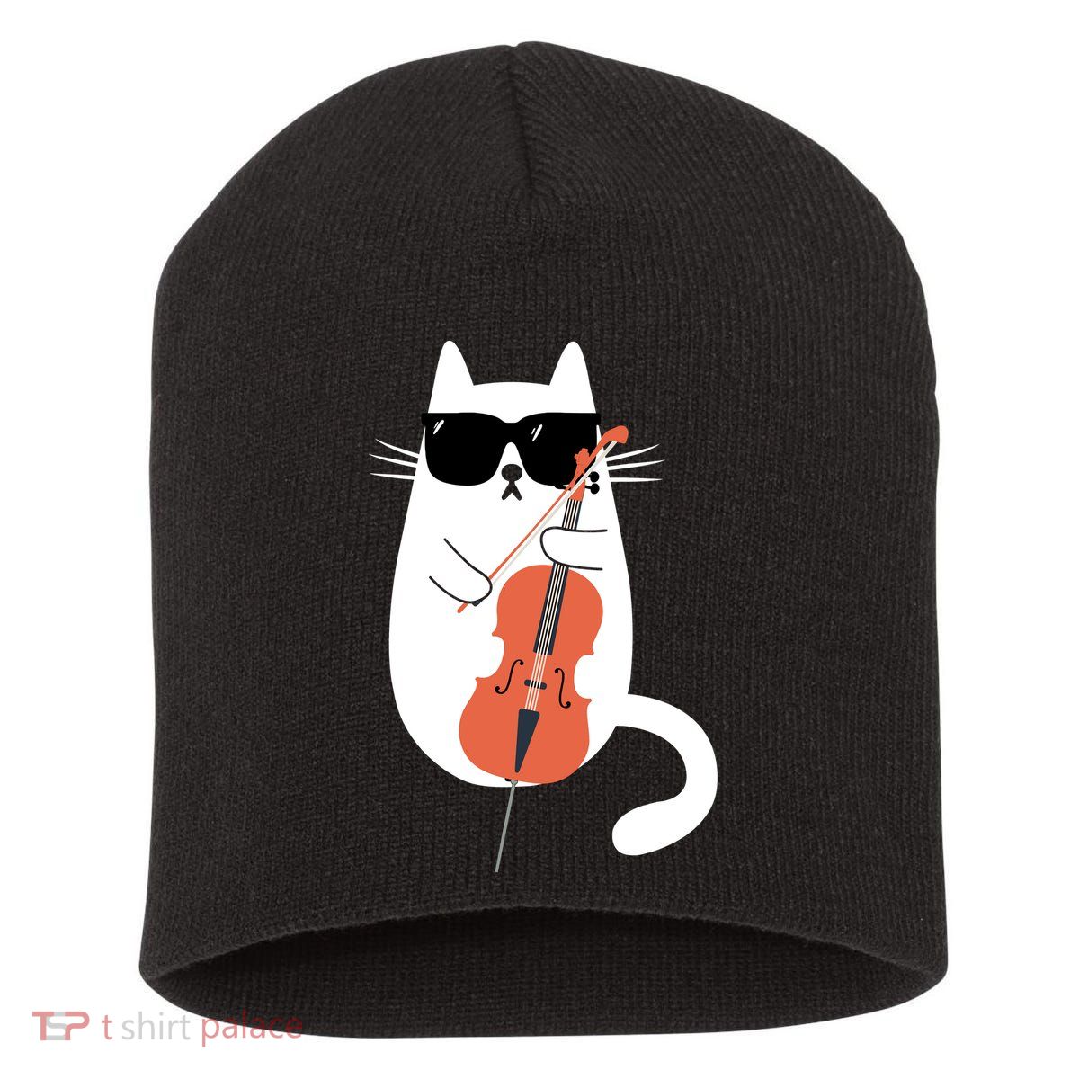 Funny Cat Wearing Sunglasses Playing Cello Cellist Musician Short Acrylic Beanie