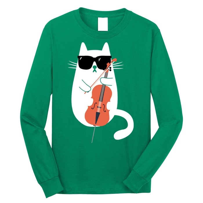 Funny Cat Wearing Sunglasses Playing Cello Cellist Musician Long Sleeve Shirt