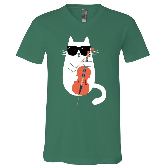 Funny Cat Wearing Sunglasses Playing Cello Cellist Musician V-Neck T-Shirt