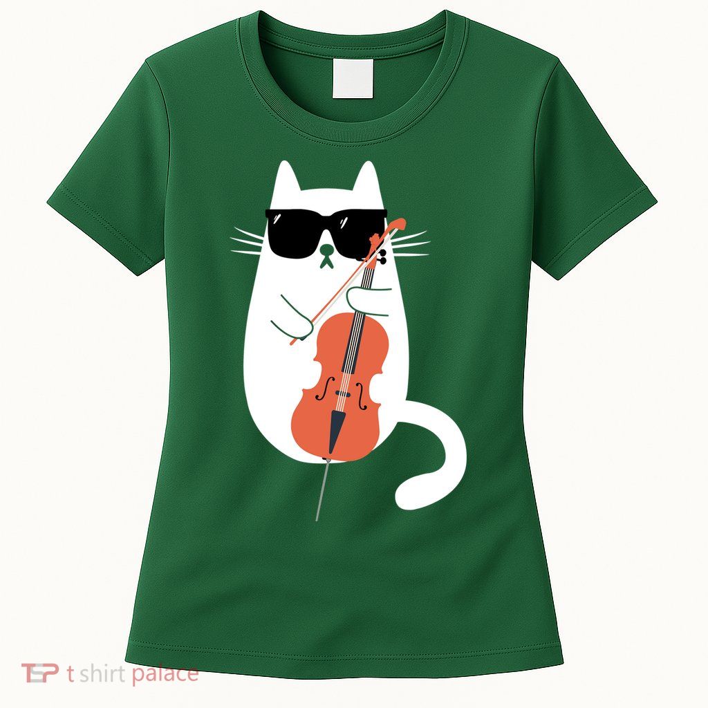 Funny Cat Wearing Sunglasses Playing Cello Cellist Musician Womens T-Shirt