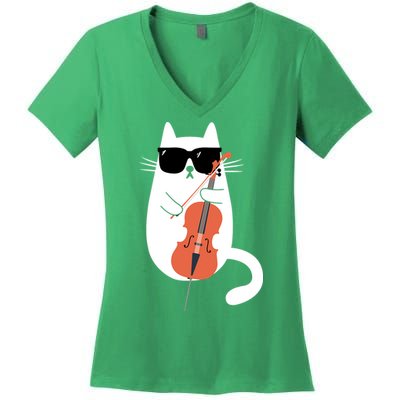 Funny Cat Wearing Sunglasses Playing Cello Cellist Musician Women's V-Neck T-Shirt
