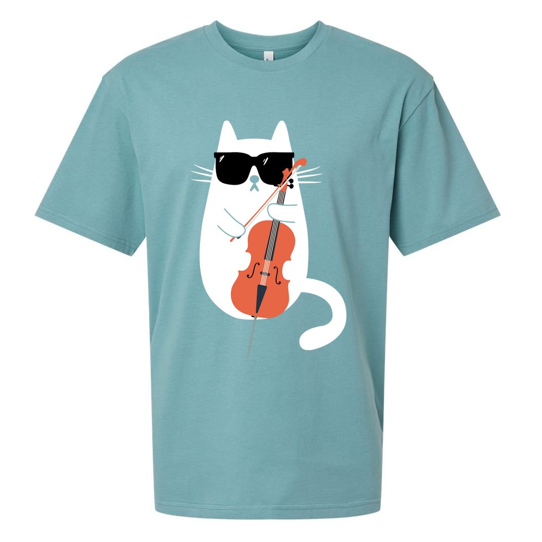 Funny Cat Wearing Sunglasses Playing Cello Cellist Musician Sueded Cloud Jersey T-Shirt
