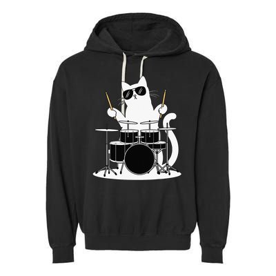 Funny Cat Wearing Sunglasses Playing Drums Garment-Dyed Fleece Hoodie