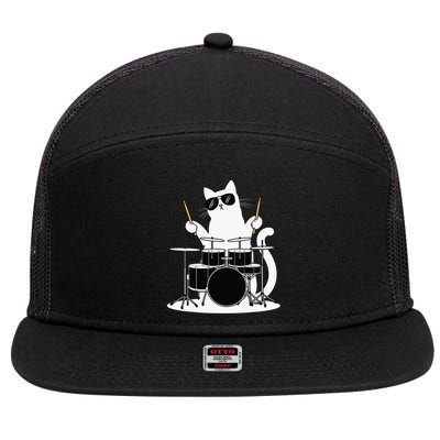 Funny Cat Wearing Sunglasses Playing Drums 7 Panel Mesh Trucker Snapback Hat