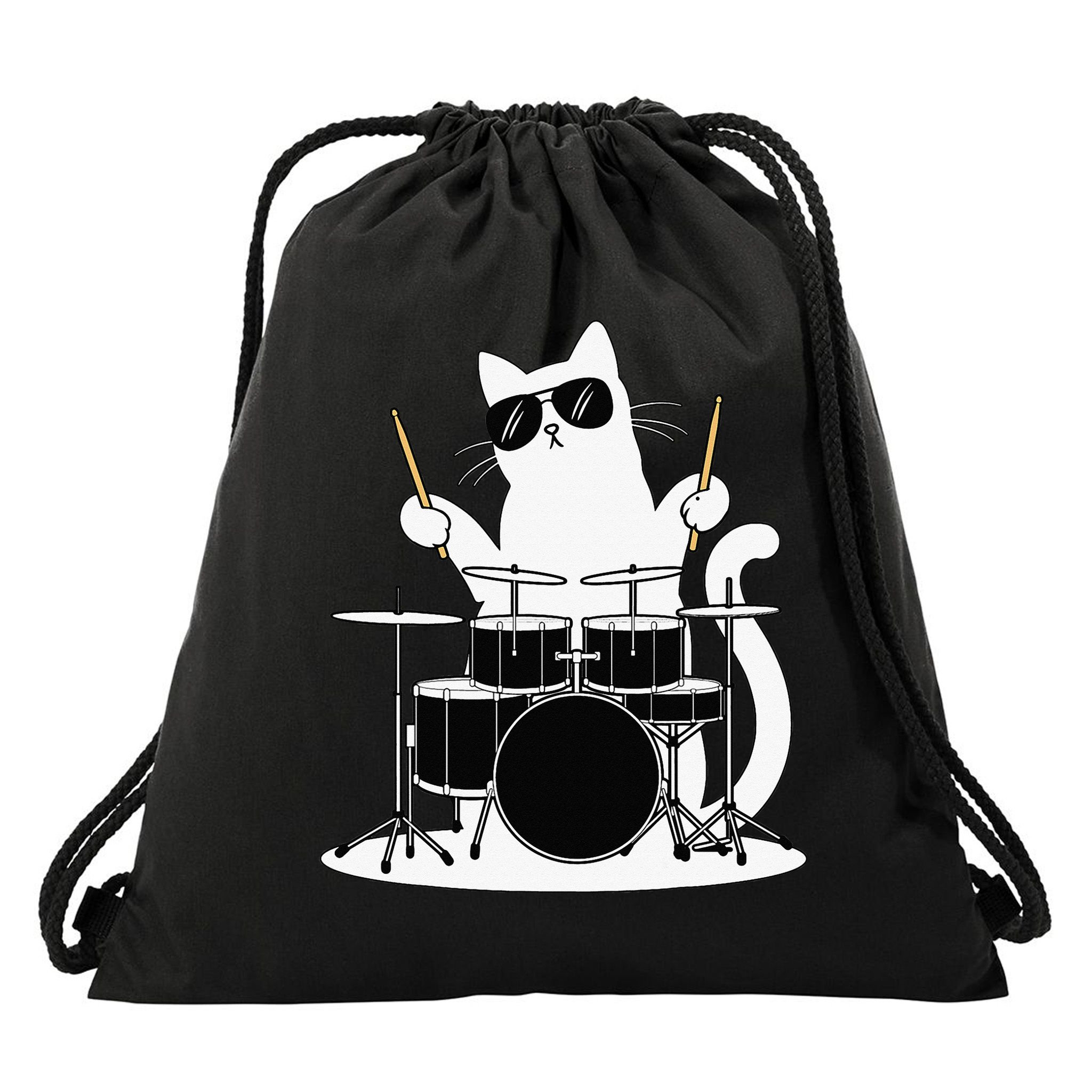 Funny Cat Wearing Sunglasses Playing Drums Drawstring Bag