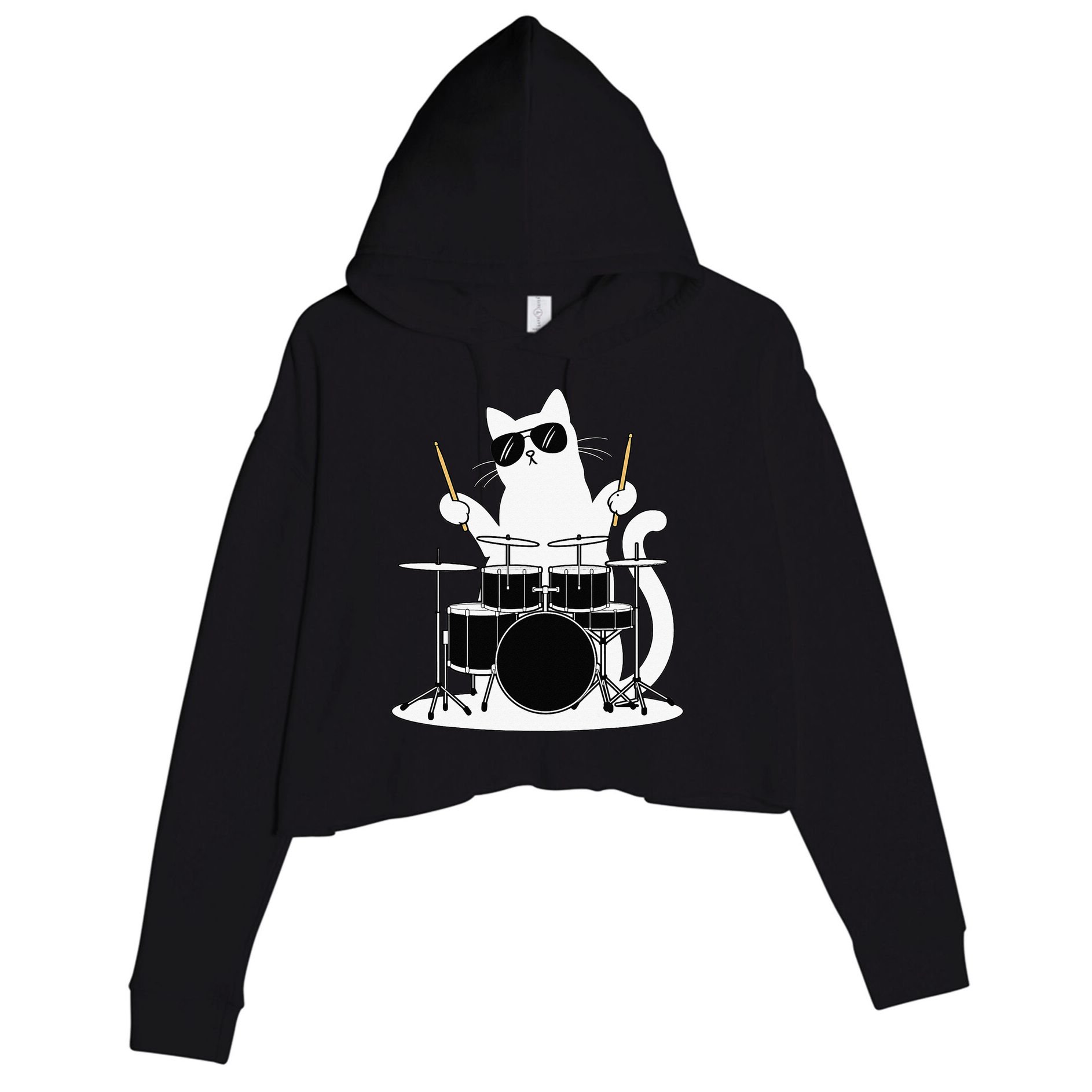 Funny Cat Wearing Sunglasses Playing Drums Crop Fleece Hoodie