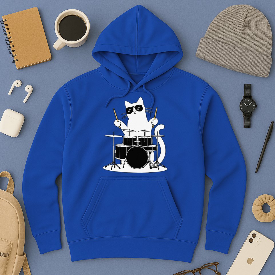 Funny Cat Wearing Sunglasses Playing Drums Hoodie