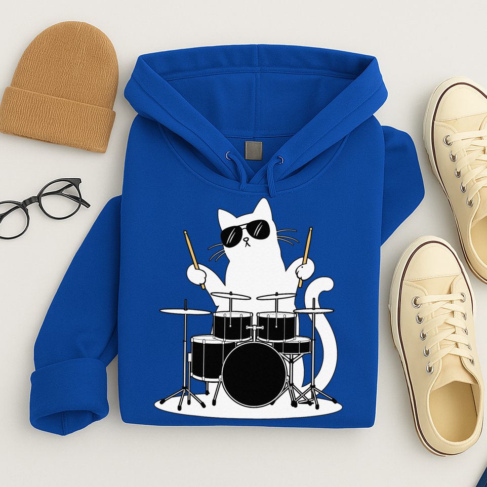 Funny Cat Wearing Sunglasses Playing Drums Hoodie