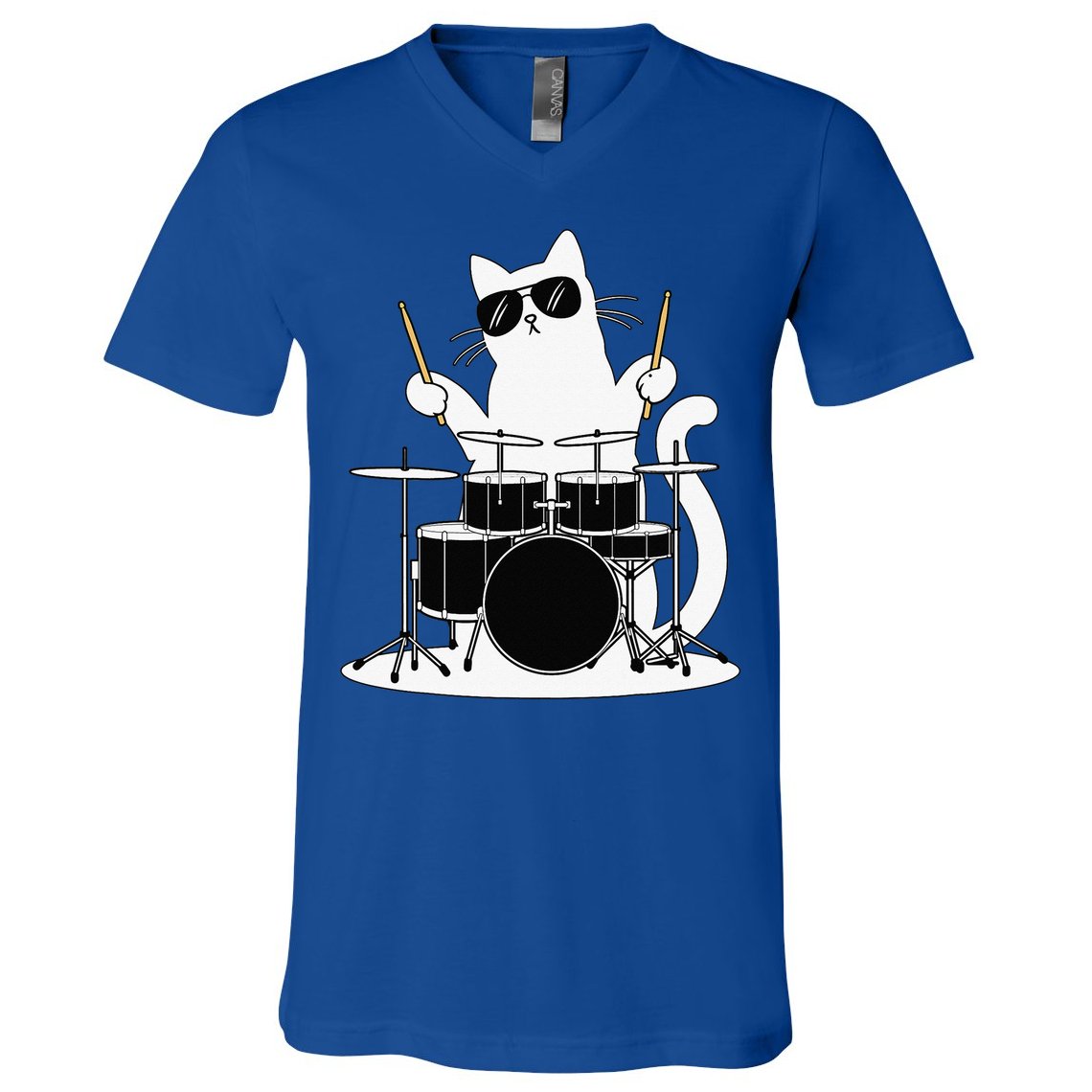 Funny Cat Wearing Sunglasses Playing Drums V-Neck T-Shirt