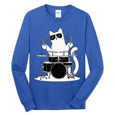 Funny Cat Wearing Sunglasses Playing Drums Tall Long Sleeve T-Shirt