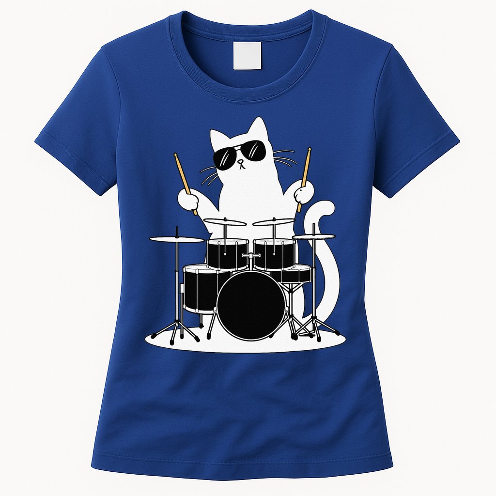 Funny Cat Wearing Sunglasses Playing Drums Womens T-Shirt