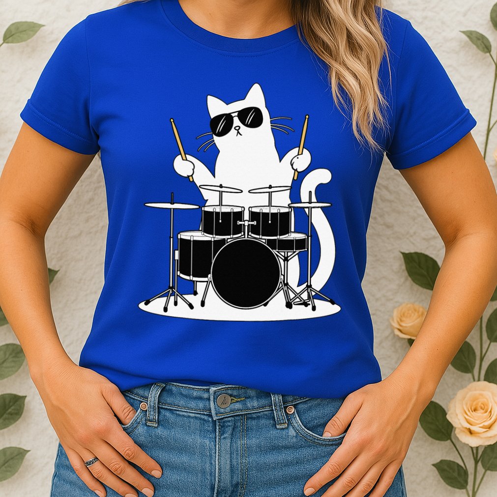 Funny Cat Wearing Sunglasses Playing Drums Womens T-Shirt