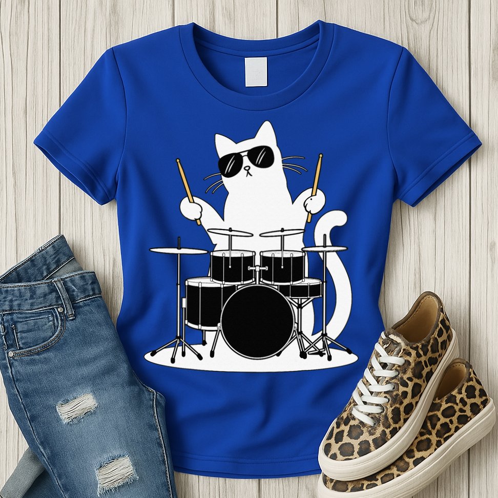 Funny Cat Wearing Sunglasses Playing Drums Womens T-Shirt