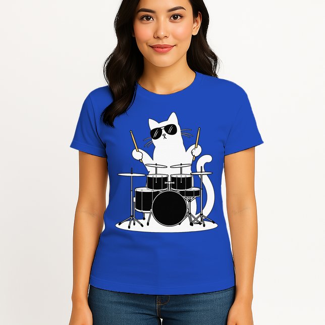 Funny Cat Wearing Sunglasses Playing Drums Womens T-Shirt