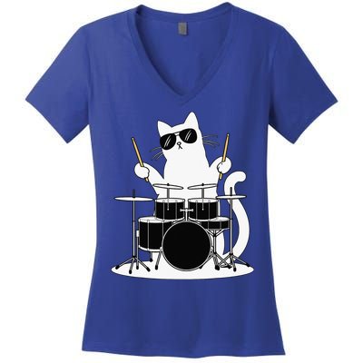 Funny Cat Wearing Sunglasses Playing Drums Women's V-Neck T-Shirt