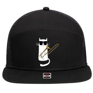 Funny Cat Wearing Sunglasses Playing Trombone 7 Panel Mesh Trucker Snapback Hat