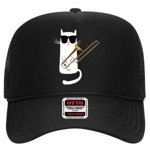 Funny Cat Wearing Sunglasses Playing Trombone High Crown Mesh Back Trucker Hat