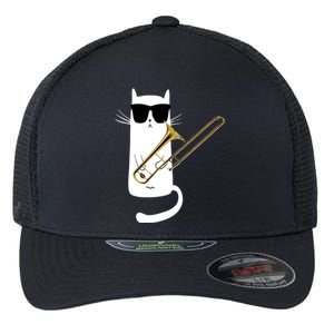 Funny Cat Wearing Sunglasses Playing Trombone Flexfit Unipanel Trucker Cap