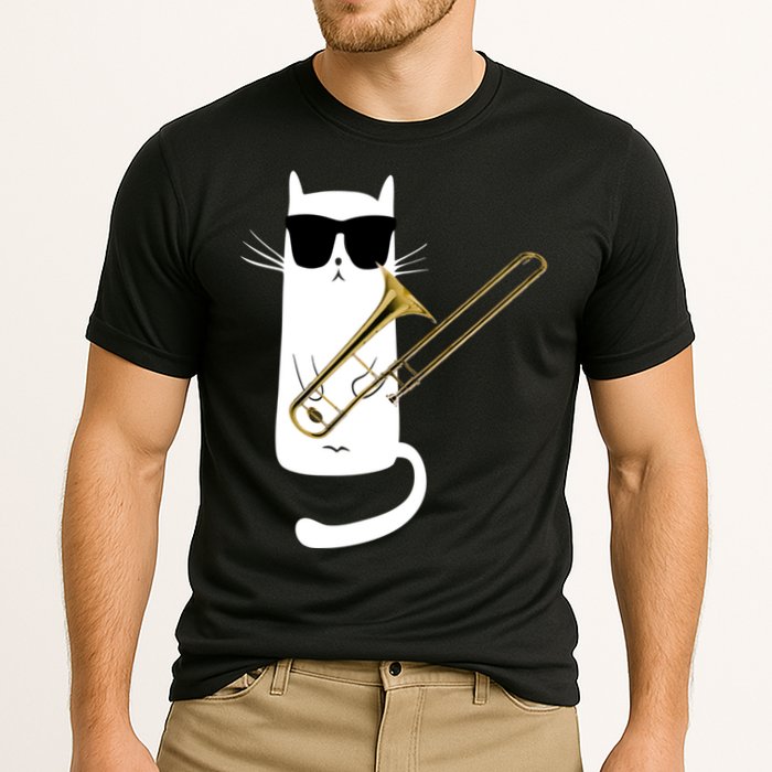 Funny Cat Wearing Sunglasses Playing Trombone Cooling Performance Crew T-Shirt