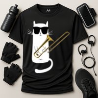 Funny Cat Wearing Sunglasses Playing Trombone Cooling Performance Crew T-Shirt