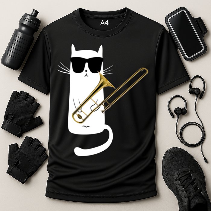 Funny Cat Wearing Sunglasses Playing Trombone Cooling Performance Crew T-Shirt