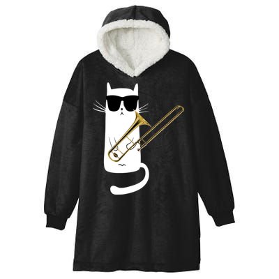 Funny Cat Wearing Sunglasses Playing Trombone Hooded Wearable Blanket