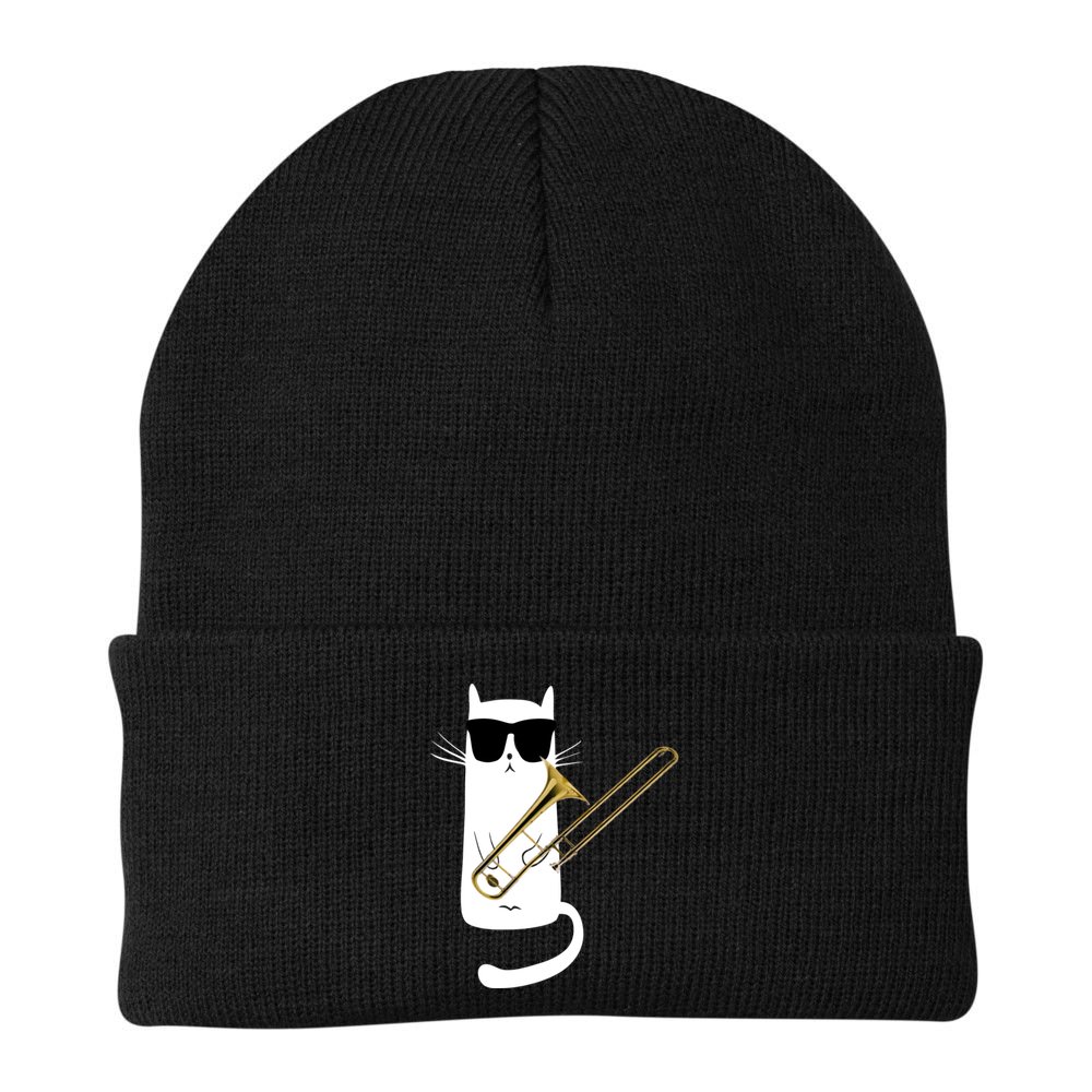 Funny Cat Wearing Sunglasses Playing Trombone Beanie