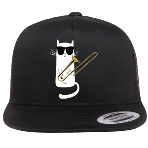 Funny Cat Wearing Sunglasses Playing Trombone Flat Bill Trucker Hat