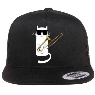 Funny Cat Wearing Sunglasses Playing Trombone Flatbill Hat