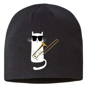 Funny Cat Wearing Sunglasses Playing Trombone Sustainable Beanie