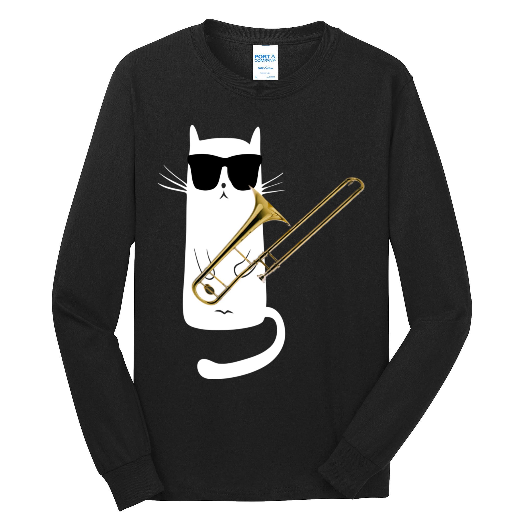 Funny Cat Wearing Sunglasses Playing Trombone Tall Long Sleeve T-Shirt