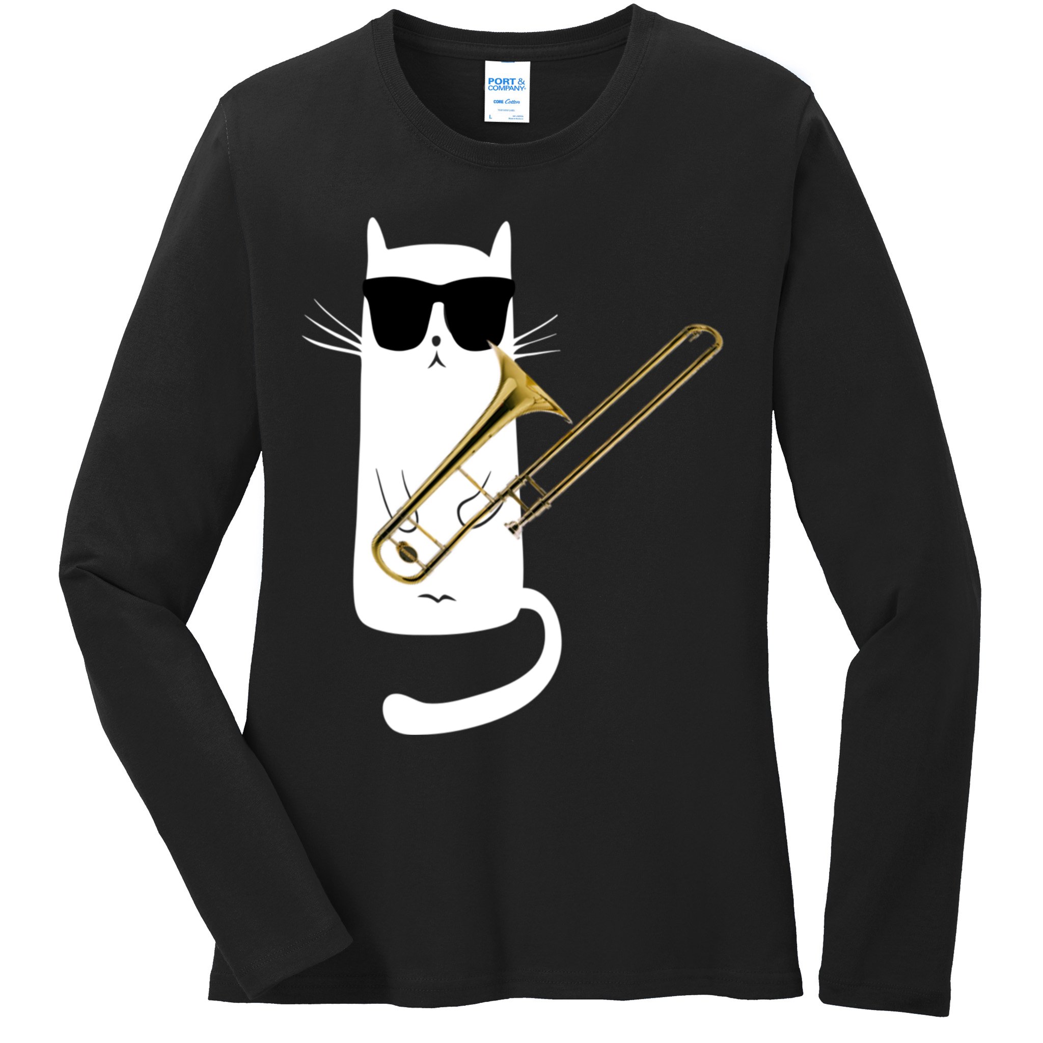 Funny Cat Wearing Sunglasses Playing Trombone Ladies Long Sleeve Shirt