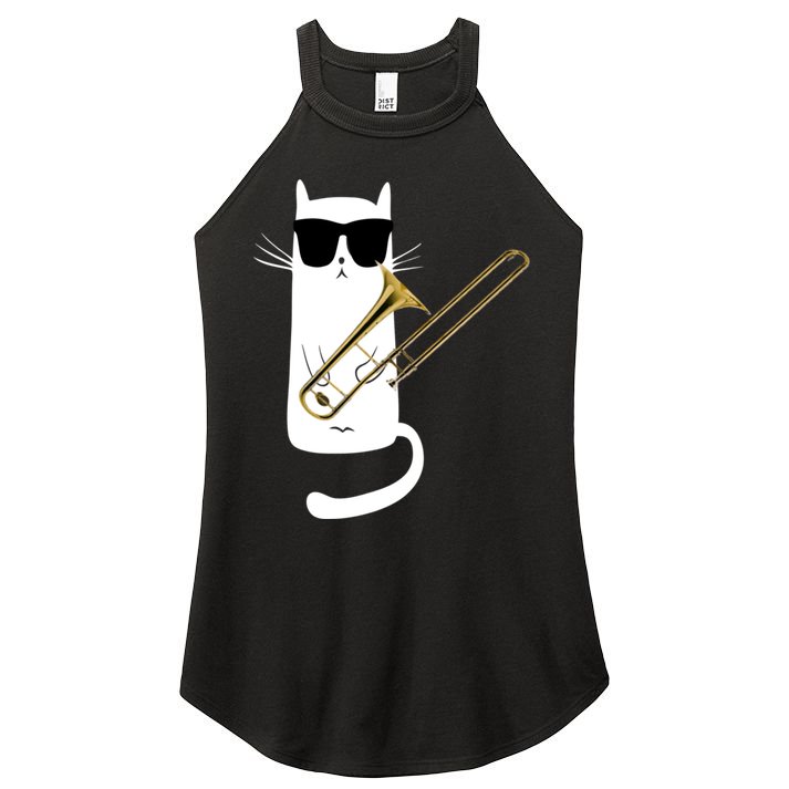 Funny Cat Wearing Sunglasses Playing Trombone Women's Perfect Tri Rocker Tank