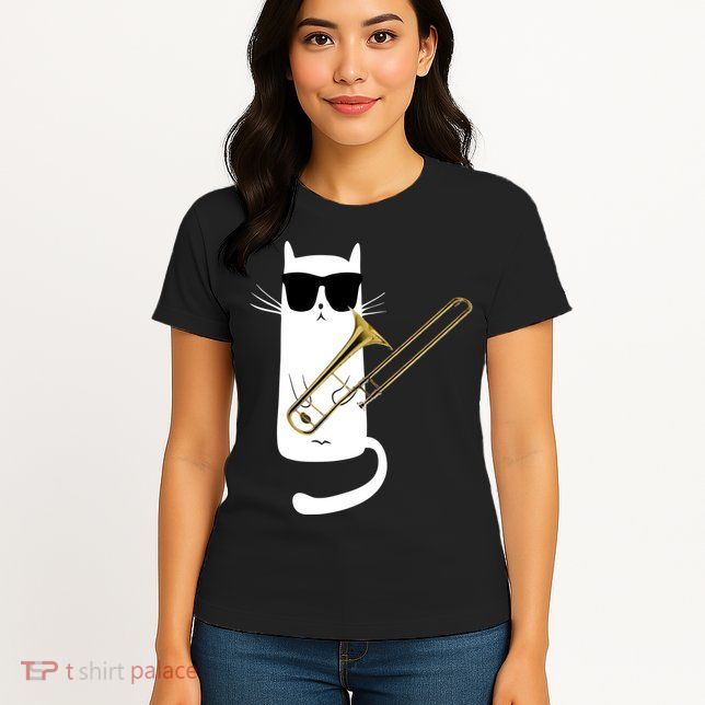Funny Cat Wearing Sunglasses Playing Trombone Womens T-Shirt