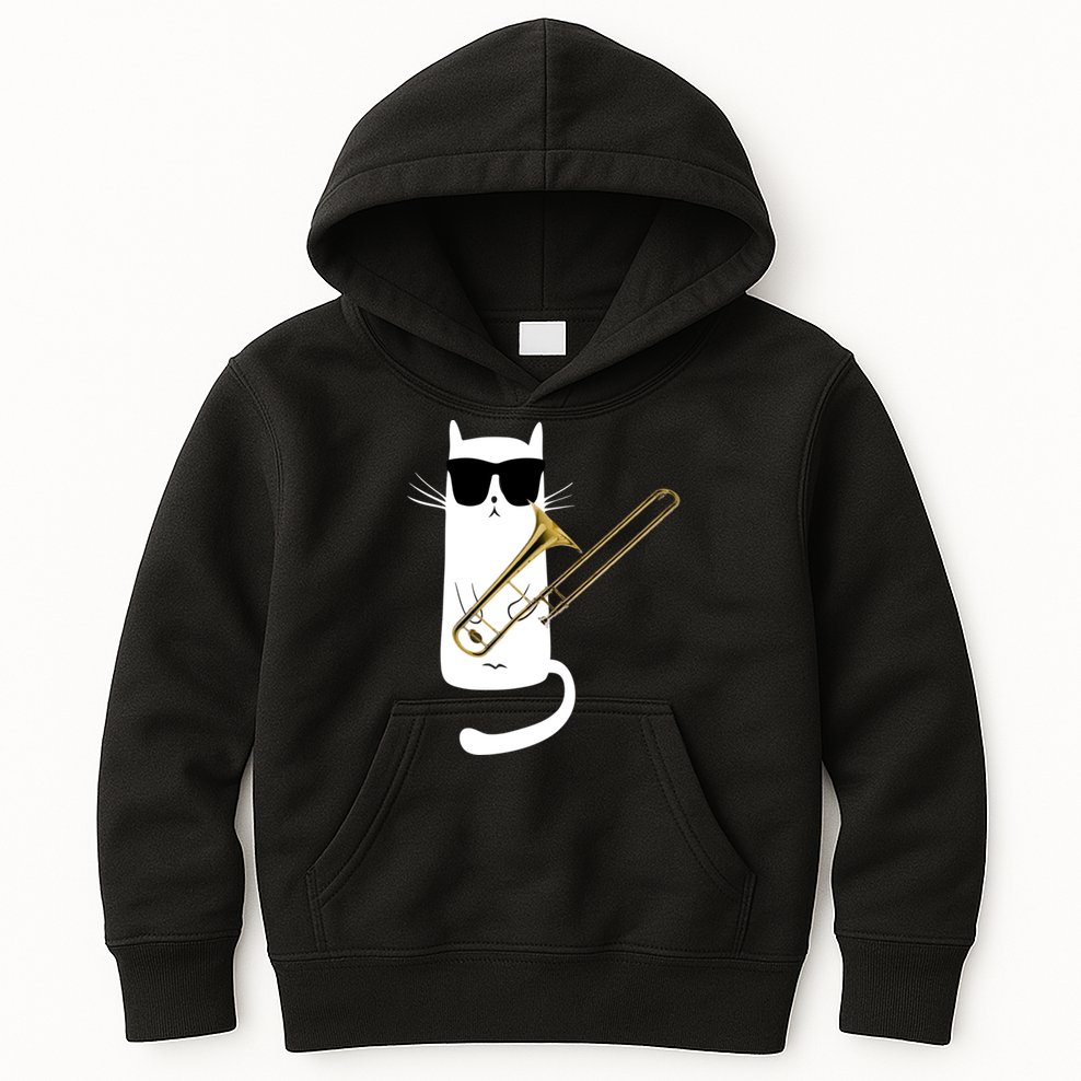Funny Cat Wearing Sunglasses Playing Trombone Kids Hoodie
