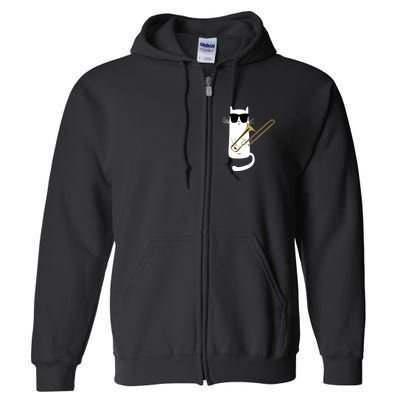Funny Cat Wearing Sunglasses Playing Trombone Full Zip Hoodie