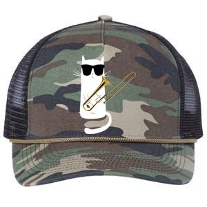 Funny Cat Wearing Sunglasses Playing Trombone Retro Rope Trucker Hat Cap