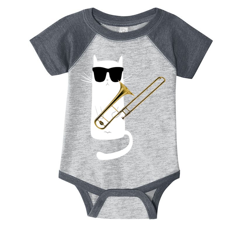 Funny Cat Wearing Sunglasses Playing Trombone Infant Baby Jersey Bodysuit