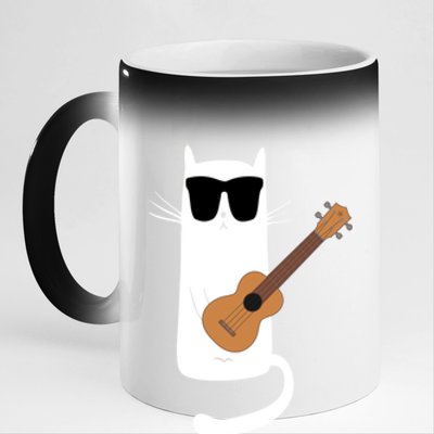 Funny Cat Wearing Sunglasses Playing Ukulele 11oz Black Color Changing Mug