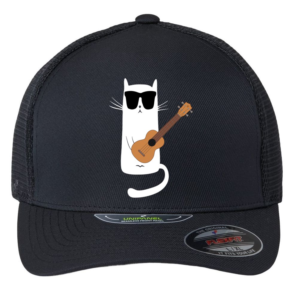 Funny Cat Wearing Sunglasses Playing Ukulele Flexfit Unipanel Trucker Cap