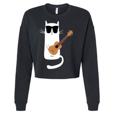 Funny Cat Wearing Sunglasses Playing Ukulele Cropped Pullover Crew
