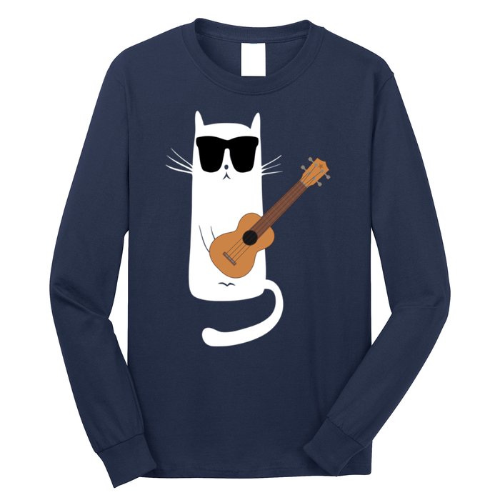 Funny Cat Wearing Sunglasses Playing Ukulele Long Sleeve Shirt