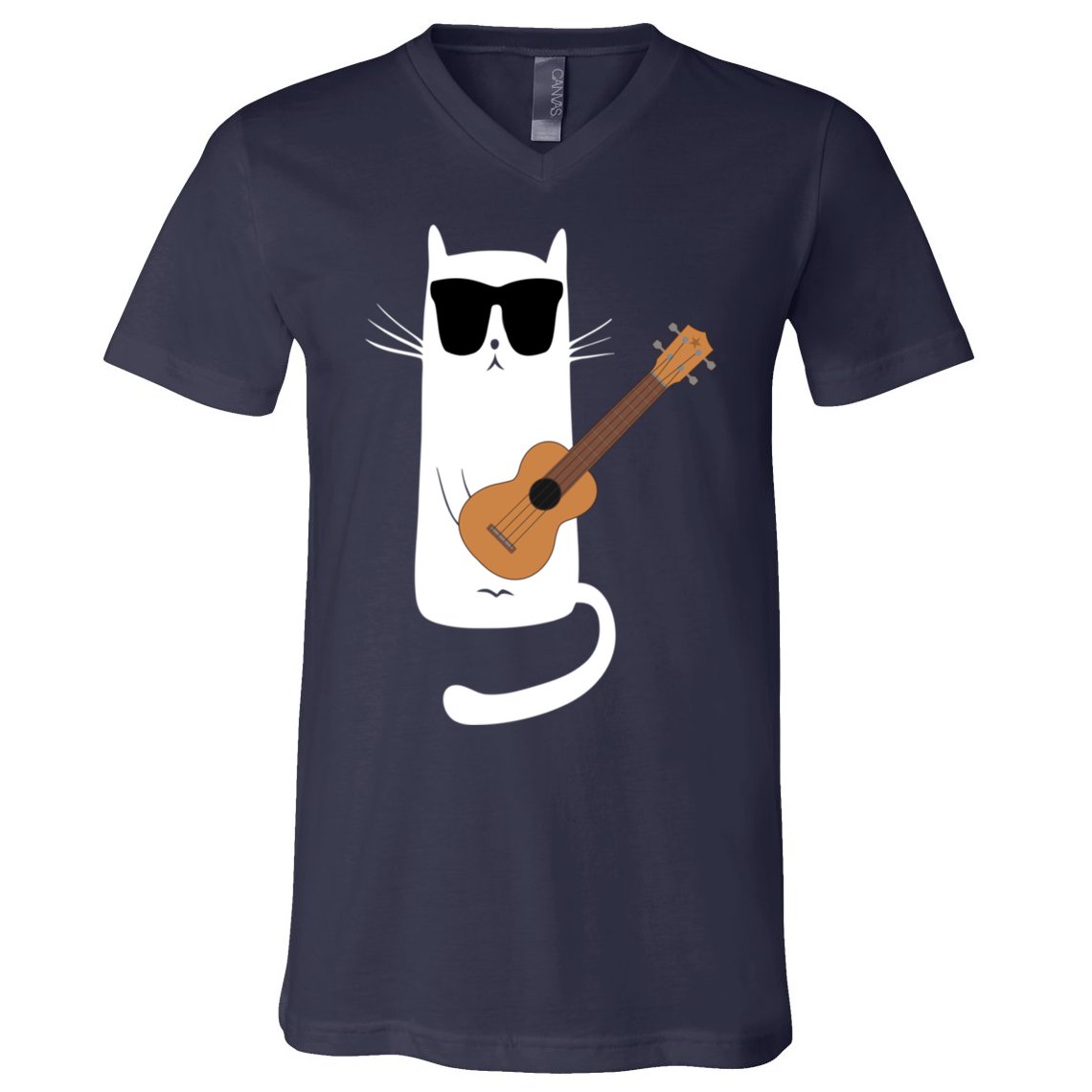 Funny Cat Wearing Sunglasses Playing Ukulele V-Neck T-Shirt