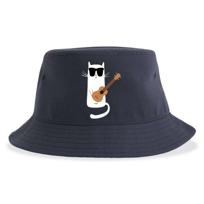 Funny Cat Wearing Sunglasses Playing Ukulele Sustainable Bucket Hat