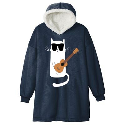 Funny Cat Wearing Sunglasses Playing Ukulele Hooded Wearable Blanket